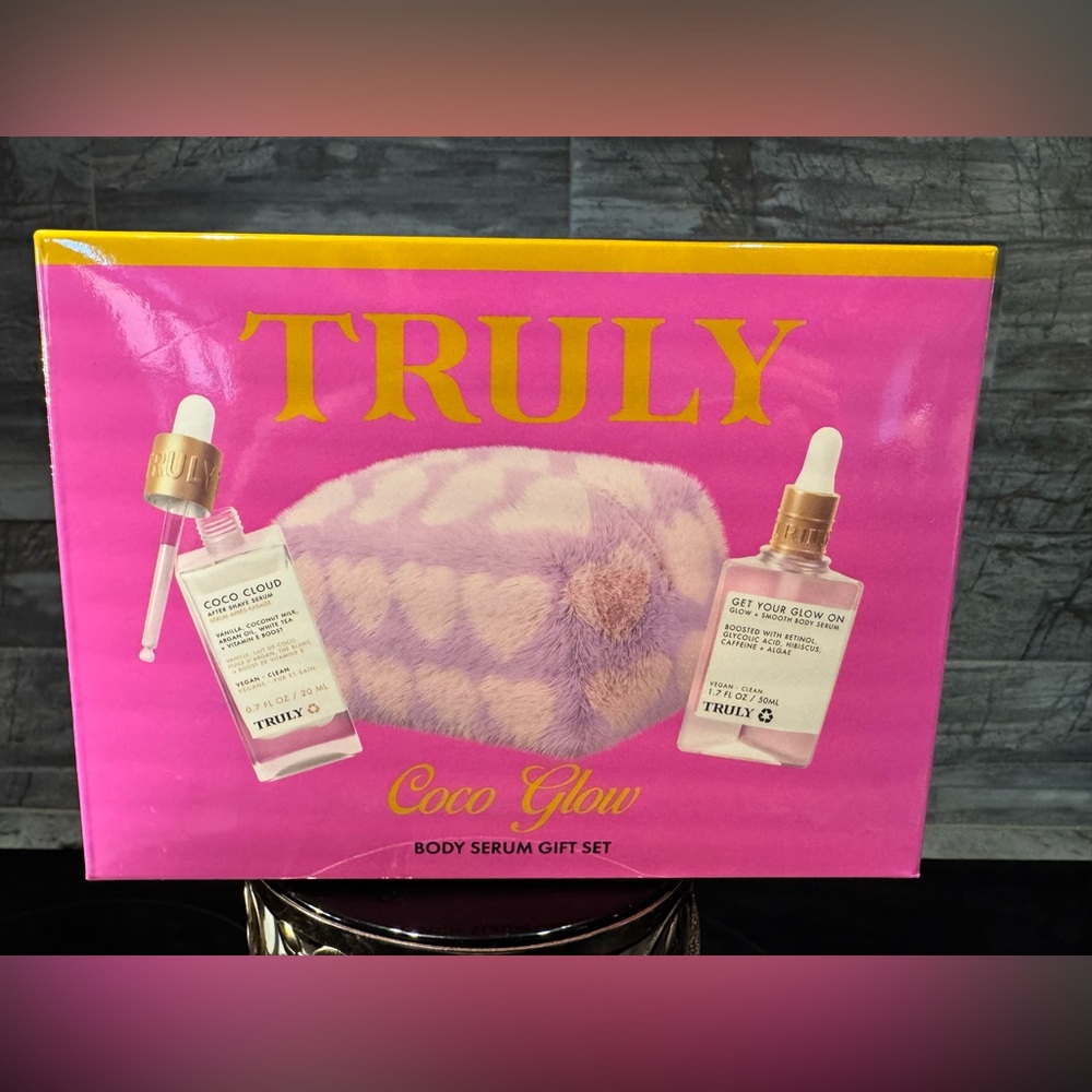 TRULY Coco Glow Body Serum Set • Coco Cloud , Get Your Glow On with Heart Bag